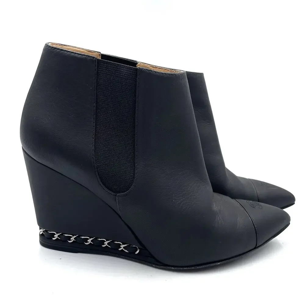 Chanel Wedge Booties Black Leather CC Logo Chain Pointed Ankle‎ Sz 37.5 / 7.5